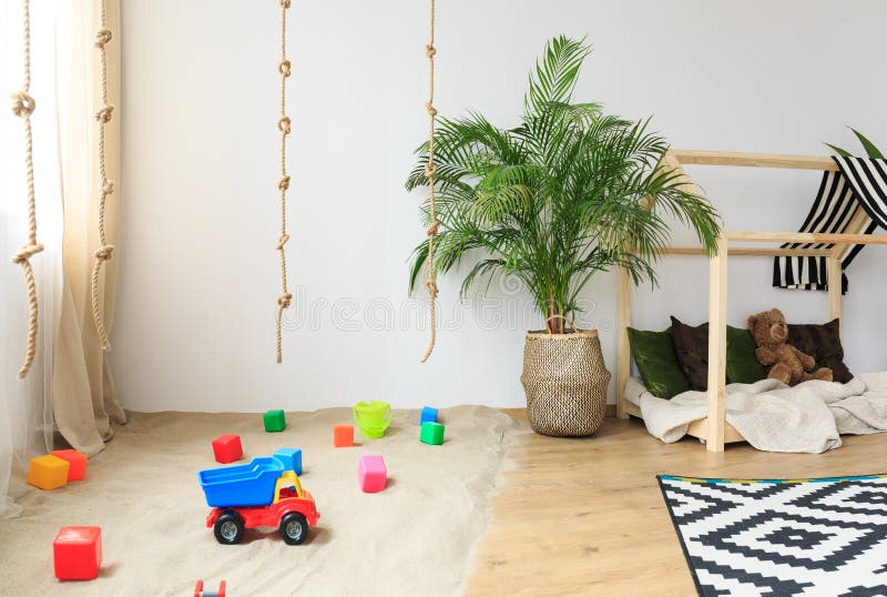 Child room in bohemian style. Natural safe child room in modern bohemian eco friendly style royalty free stock photography