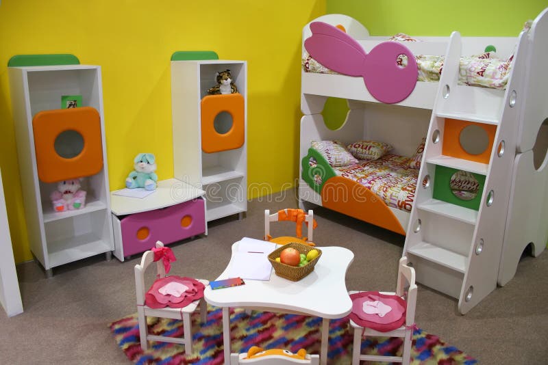 Child room, playroom. Color child room, playroom, table bed stock photos