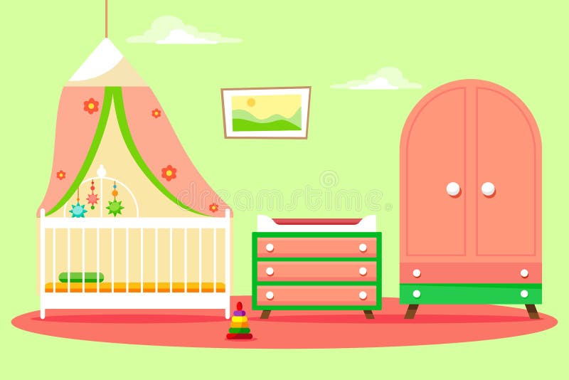 Children`s room for a girl with a beautiful pink wardrobe and changing table. Wall with the decor of the clouds. Vector illustrati royalty free illustration