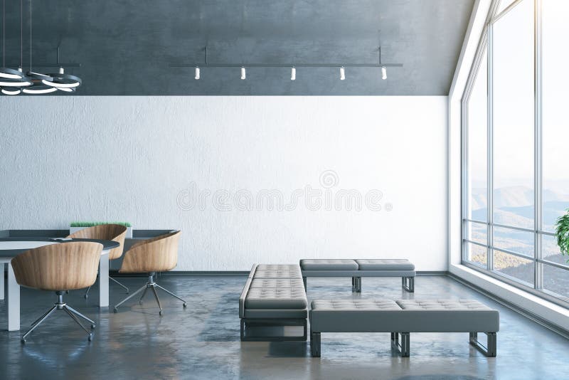 Clean attic interior room with empty white wall and big window. Art and design concept. 3D Rendering vector illustration