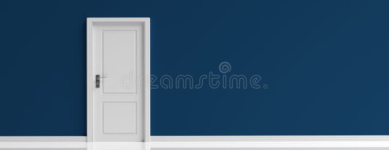 Closed door white on dark navy blue wall background, banner. 3d illustration royalty free illustration