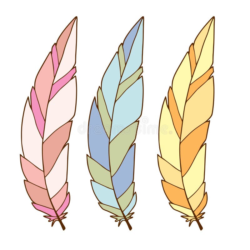 Colorful stylized feathers. Interior printable art. Minimalism feather design. Poster or temporary tattoo.  royalty free illustration