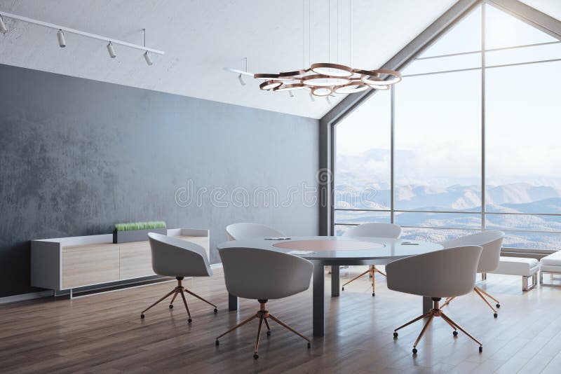 Contemporary attic interior room with furniture. And window with landscape view. Design and style concept.  3D Rendering royalty free illustration