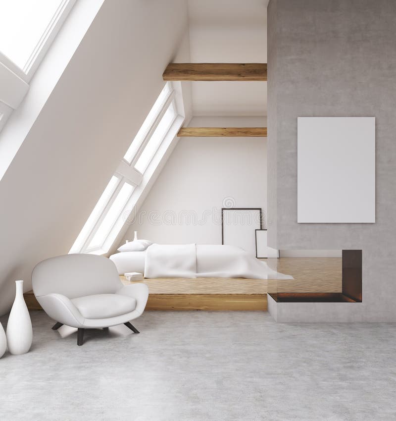 Cosy bedroom in attic. Of modern house. Banner on gray wall. Concept of home. 3D render. Mock up vector illustration