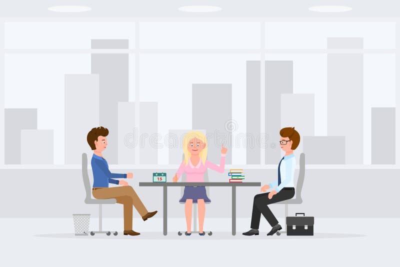 Meeting in office interior workplace man, woman vector. Business colleagues sitting, discussing, talking cartoon character royalty free illustration