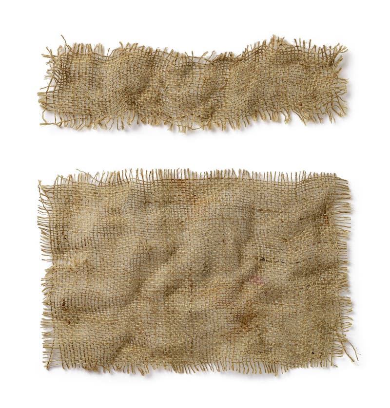 Crumpled burlap rectangular and oblong pieces isolated on white background. Natural color sackcloth patch with torn edges. Rough. Fabric woven of flax, jute or stock photo