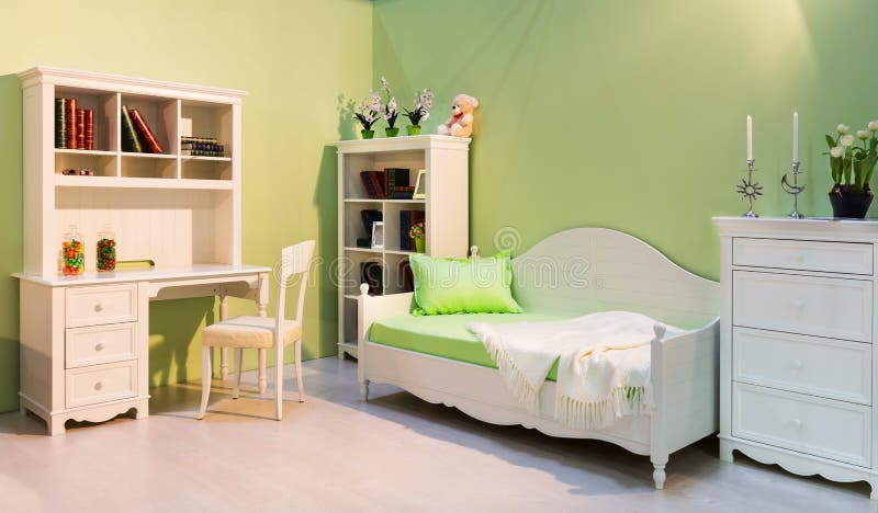 Cute child room. Nice spacious child room in a green color stock images