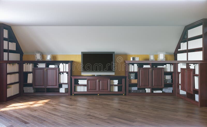 3d illustration of a home library on the attic floor of a private house. Interior design in the traditional classical style. Render mockup of bookshelves with stock illustration