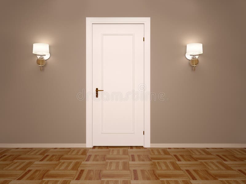 3d illustration of white closed door with two lamps vector illustration
