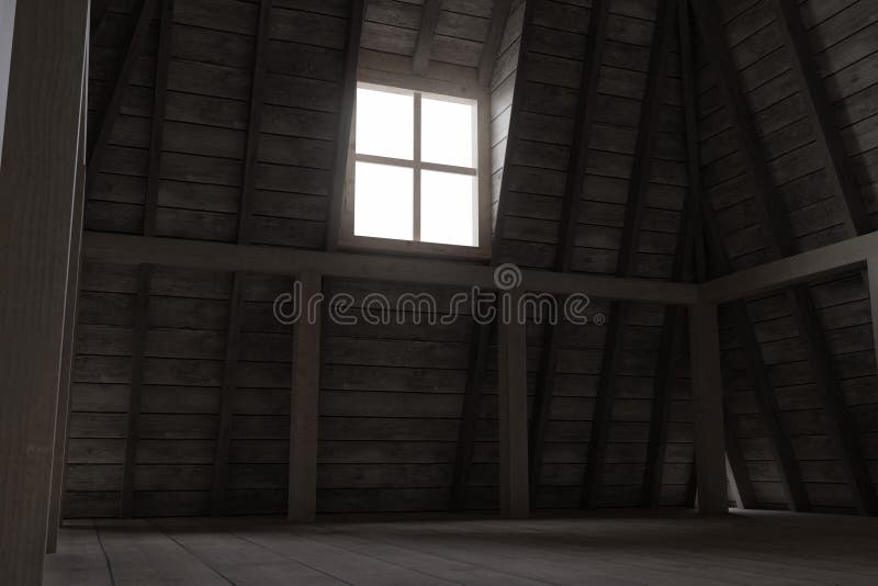 3d rendering of darken attic with bright light at window.  stock illustration