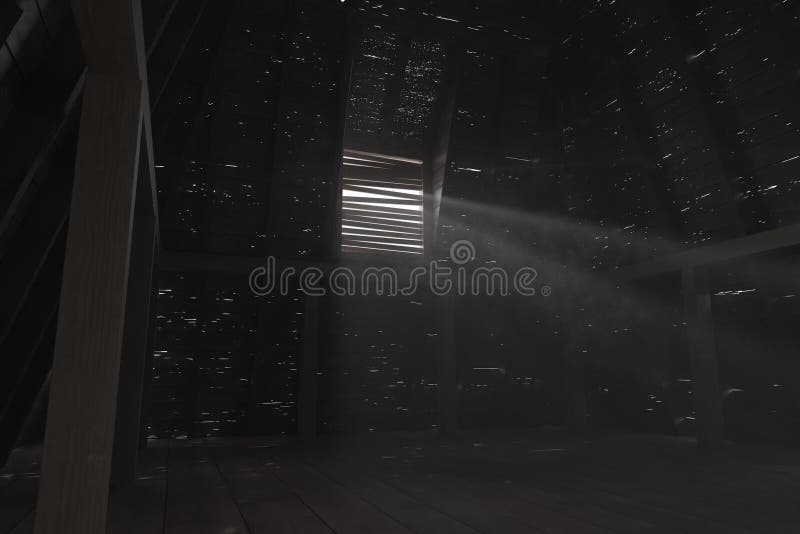 3d rendering of darken empty attic with light rays through holes in the roof.  stock illustration