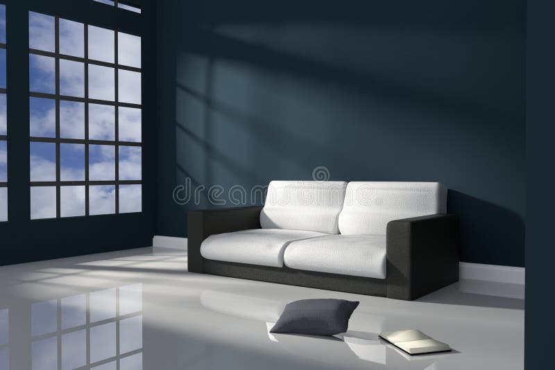 3D Rendering : illustration of interior room of dark blue minimalism style with modern black and white leather sofa furniture. At the middle of room on shiny royalty free illustration
