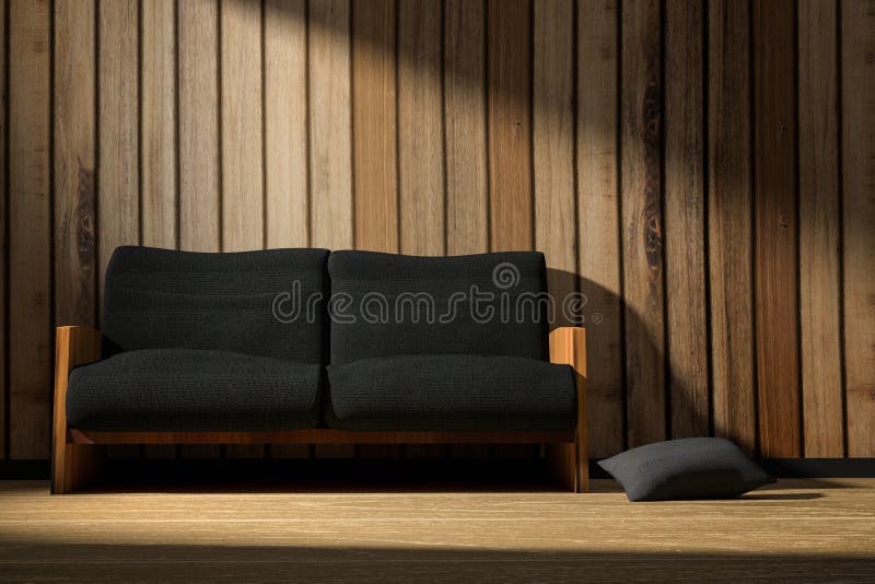 3D rendering : illustration of interior wooden room with modern loft minimalism furniture style in the sunrise or sunset moment.  royalty free illustration