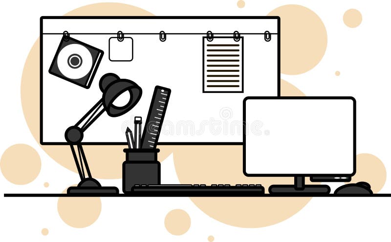 Desktop graphic designer, workplace, character set, gray tones, vector illustration. vector illustration
