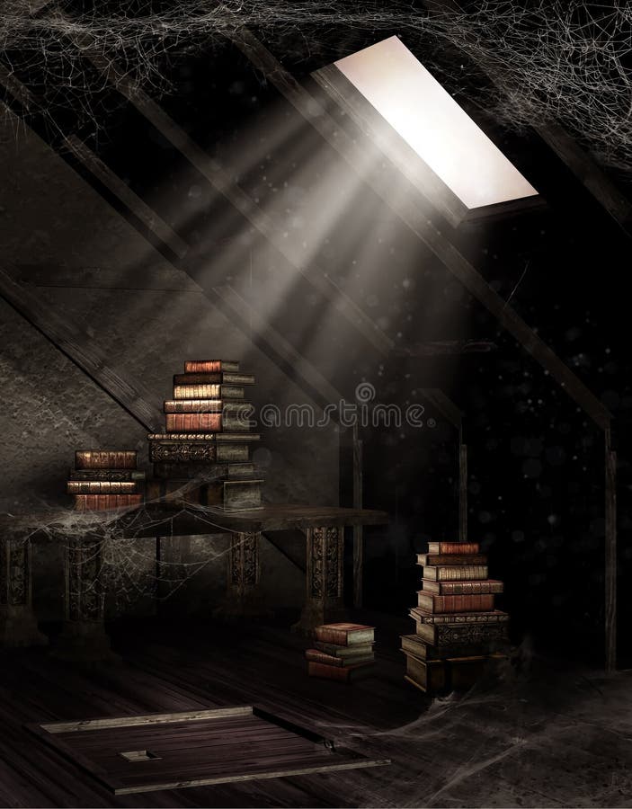 Dusty attic with books. Old dusty attic with books and cobwebs stock illustration
