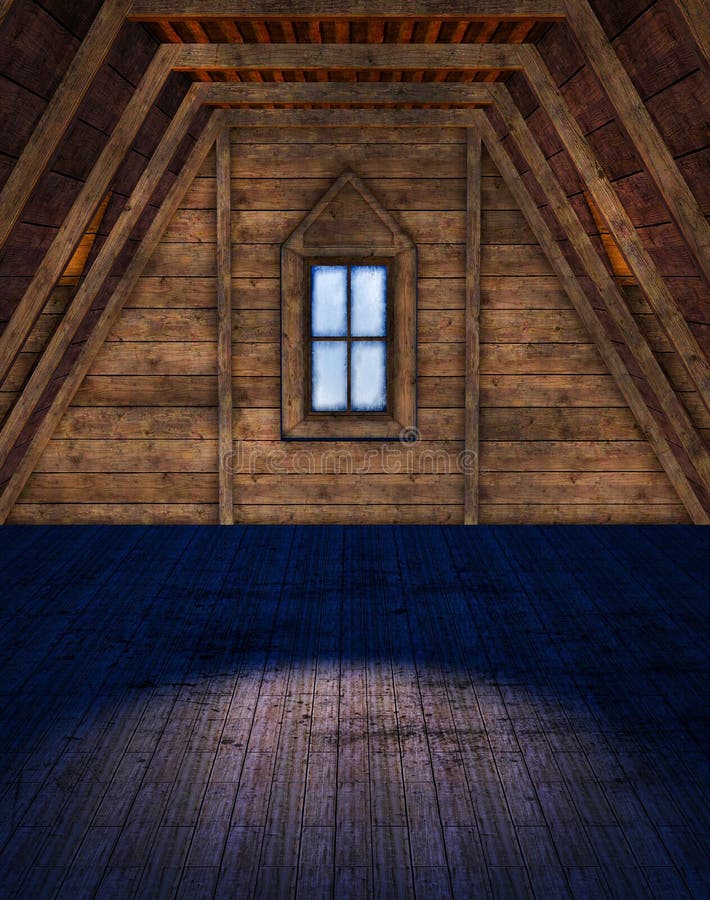 Empty attic room. A 3D rendered image of an empty attic room stock illustration