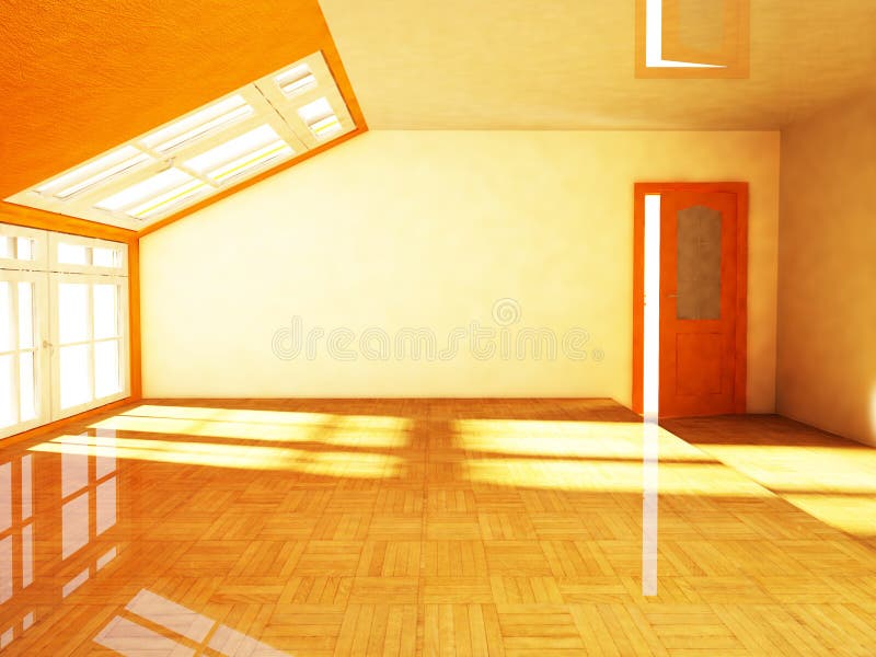 An empty attic with the window. Rendering royalty free illustration