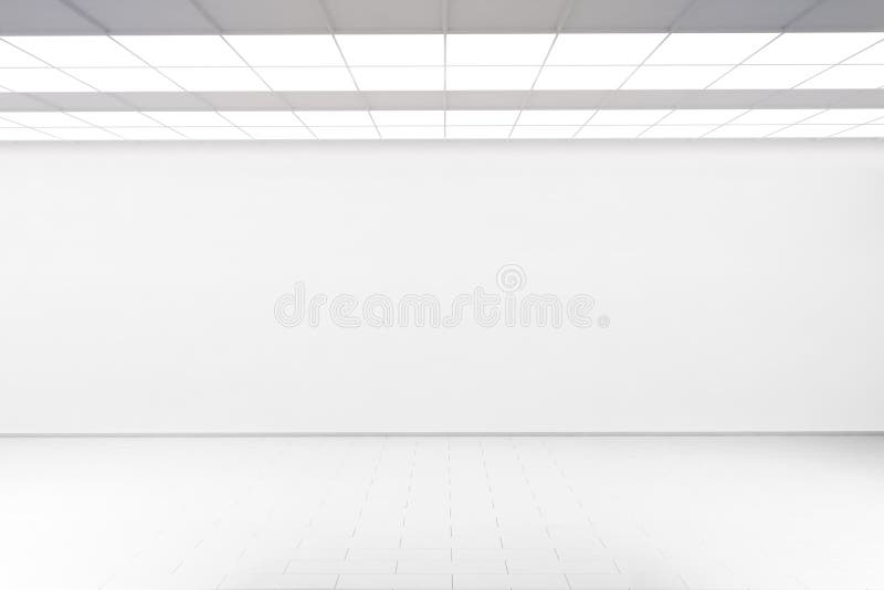 Empty big hall wall mockup, nobody, 3d rendering. Museum gallery with blank wall. White clear mock up lobby. Display artwork presentation. Art design empty stock photos