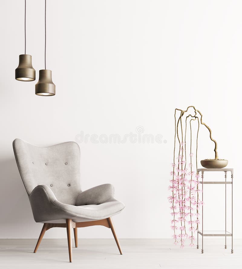 Empty wall with chair & plant on table, minimalism loft interior background. 3D rendering, 3D illustration stock illustration