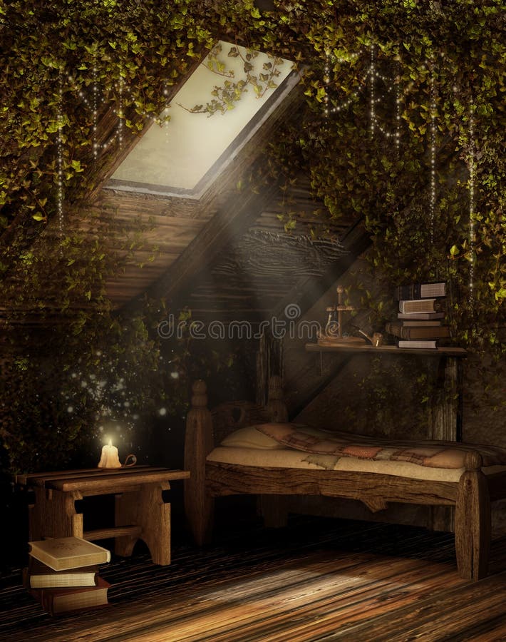 Fairytale attic room. Fairytale attic bedroom with green vines royalty free illustration