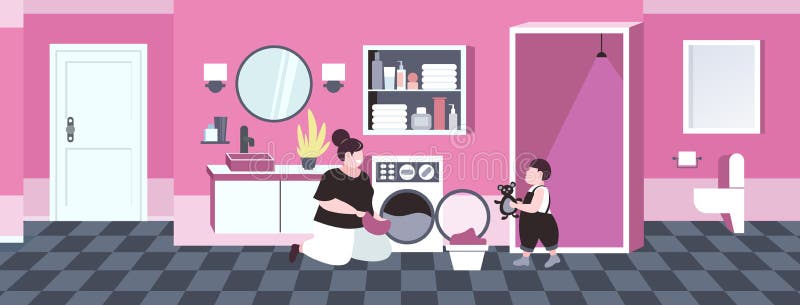 Family doing housework mother with son loading clothes in washing machine cleaning service concept modern bathroom. Interior horizontal full length sketch stock illustration