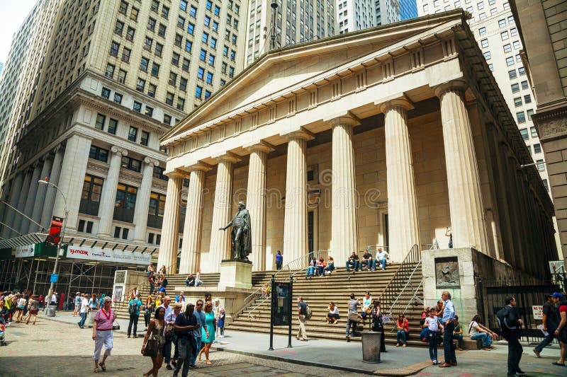 Federal Hall National Memorial at the Wall Street in New York. NEW YORK CITY - MAY 10: Federal Hall National Memorial at the Wall Street on May 10, 2013 in New royalty free stock photography