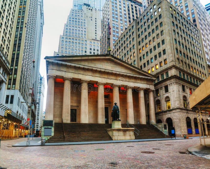Federal Hall National Memorial on Wall Street in New York. In the morning stock photos