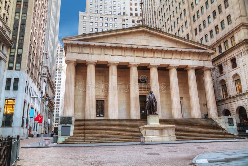 Federal Hall National Memorial on Wall Street in New York. In the morning stock photo
