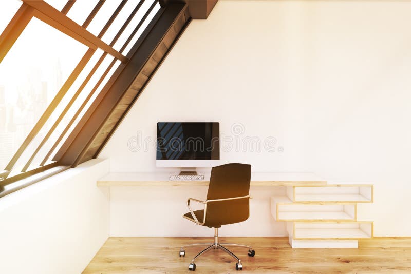Front view of home office in attic, toned. Front view of a home office in the attic. There is a wooden futuristic table with a black chair and a window to the stock illustration
