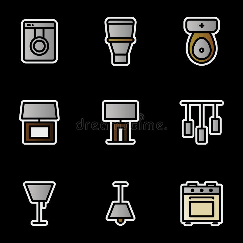 Furniture and decoration icon set include washing machine,bathroom,table lamp,lighting,chandelier,stove. Furniture and decoration icon set include washing royalty free illustration