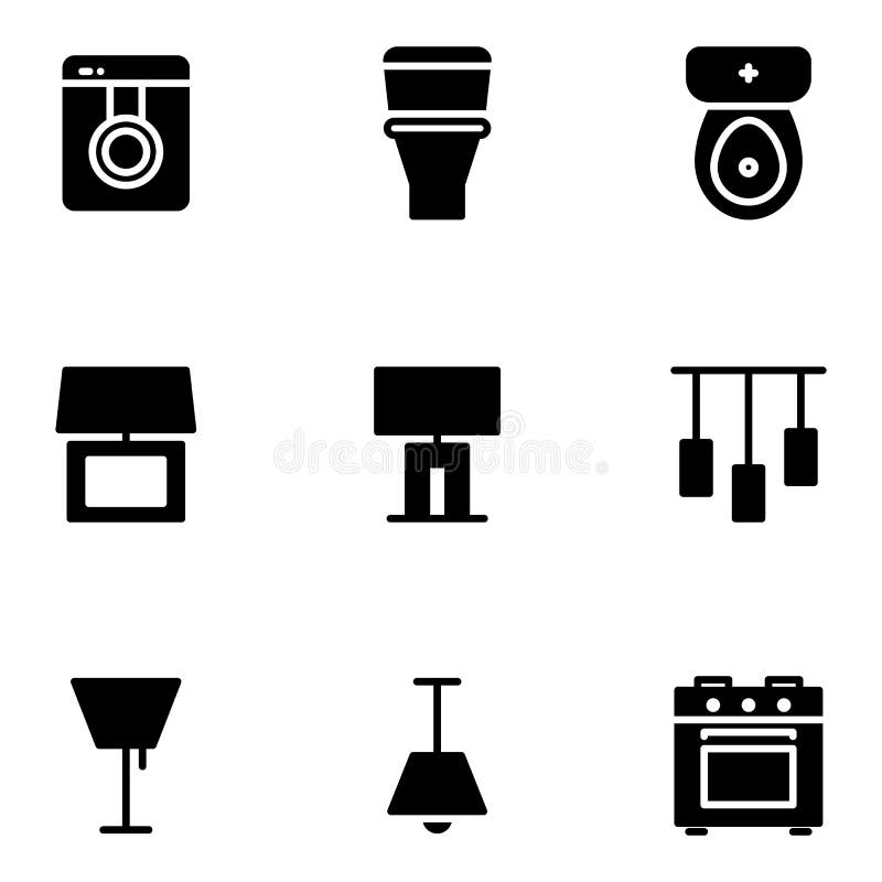 Furniture and decoration icon set include washing machine,bathroom,table lamp,lighting,chandelier,stove. Furniture and decoration icon set include washing vector illustration