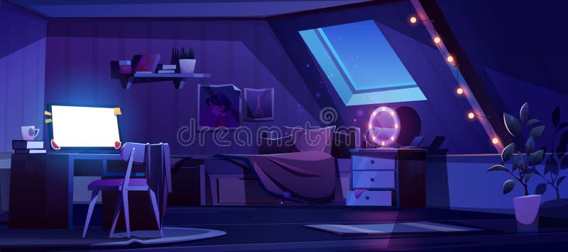 Girl bedroom interior on attic at night. Vector cartoon mansard teenager room with unmade bed, glowing computer screen, moonlight from window in roof and lamps royalty free illustration