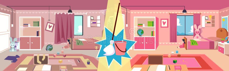 Girl child`s room before and after cleaning up with mop broom and bucket vector illustration