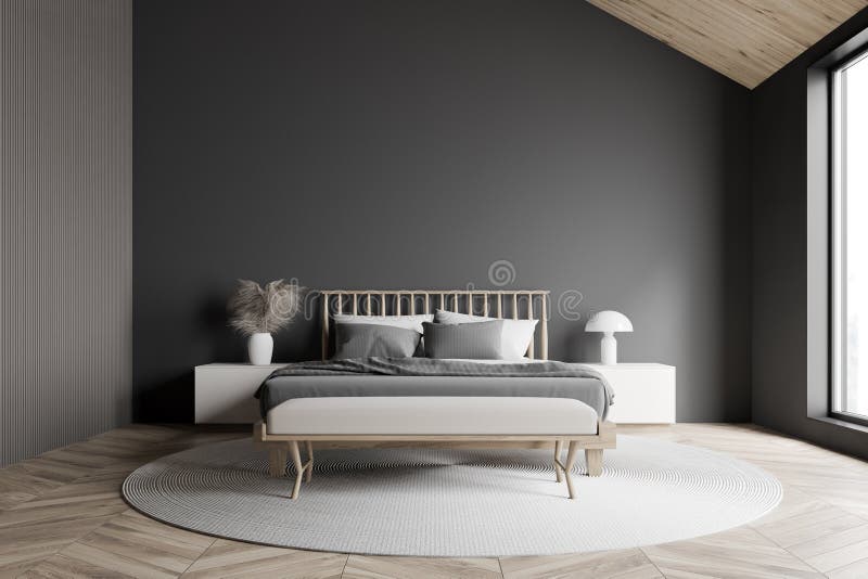 Gray attic master bedroom interior. Interior of attic master bedroom with grey walls, wooden floor, comfortable king size bed and bench standing on round carpet royalty free illustration