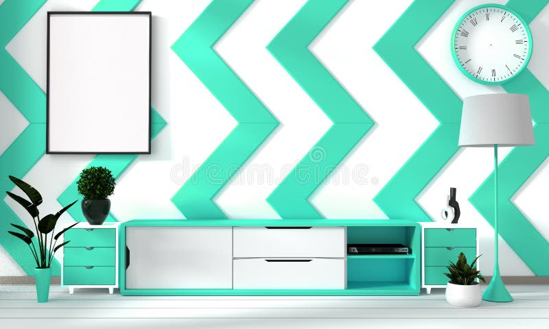 Mock up Green mint and white room poster with zen hipster minimalism japanese interior background, 3D rendering. Green mint and white room poster with zen royalty free illustration