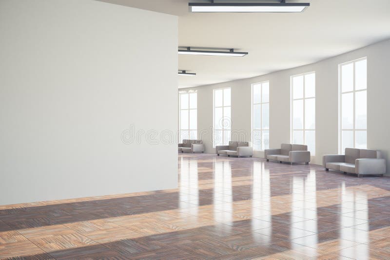 Hall with blank wall. Side view of modern hall with blank wall and seats. Mock up, 3D Rendering royalty free stock photos