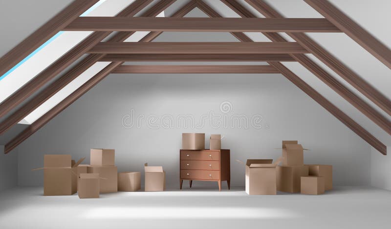 House attic interior, mansard room with boxes. House attic interior, mansard room with cardboard boxes and wooden chest of drawers, empty spacious place on roof royalty free illustration