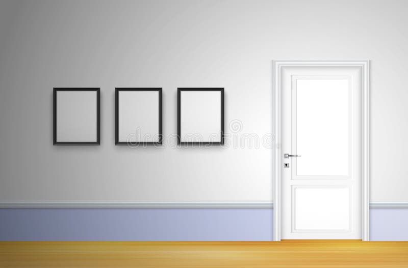 Living room interior with closed door and frames on white stock illustration