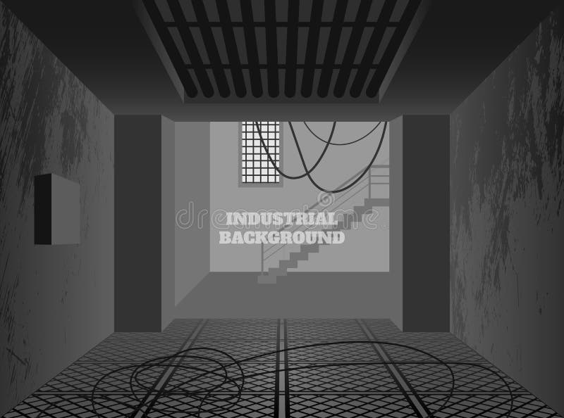 Industrial background. Dark factory in grunge style. Interior of broken workplace building vector illustration