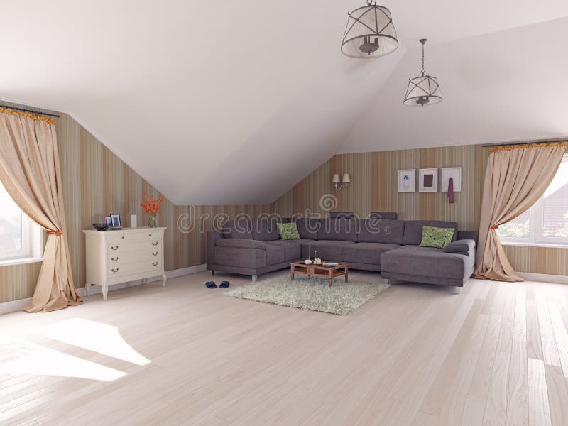 Interior attic. Interior hall attic (3D rendering vector illustration