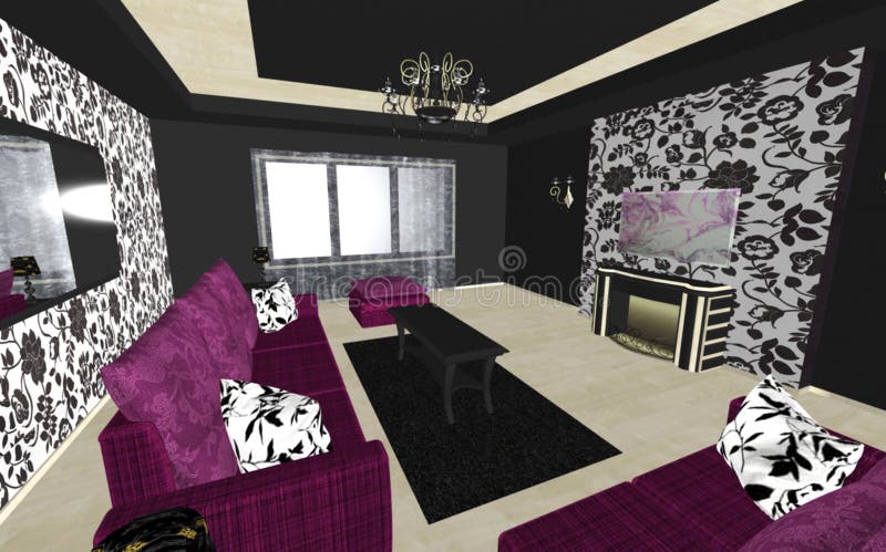 Art deco living room interior design, minimalism. Interior design living room, lounge, art deco style, minimalism. purple furniture, patterned wallpaper vector illustration