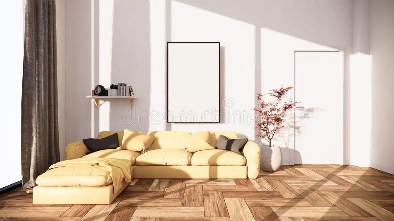Interior scene mock up with yellow sofa and decoration on room minimalism. 3D rendering. Room interior - Interior scene mock up with yellow sofa and decoration stock illustration