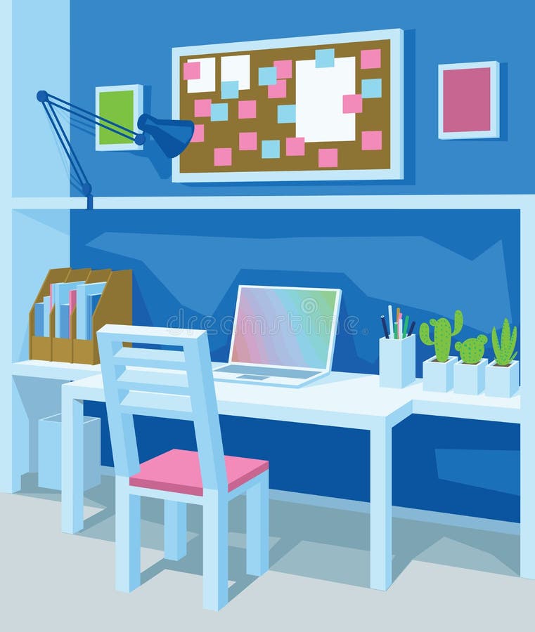 Interior of workplace in cartoon style. Perspective. Home Office in Blue Color. stock illustration