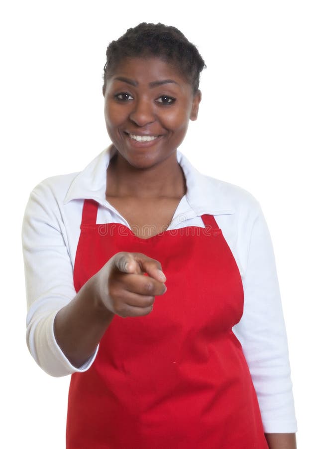 Laughing african american waitress pointing at camera stock photos