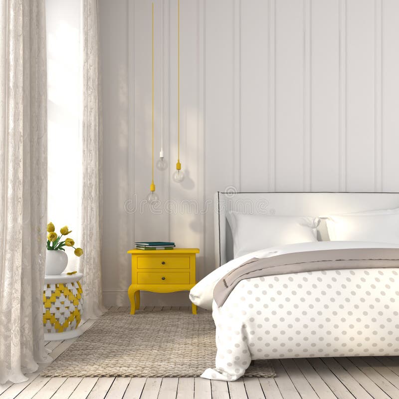 Light bedroom with yellow bedside table. Modern bedroom in white color with yellow accents royalty free stock photography