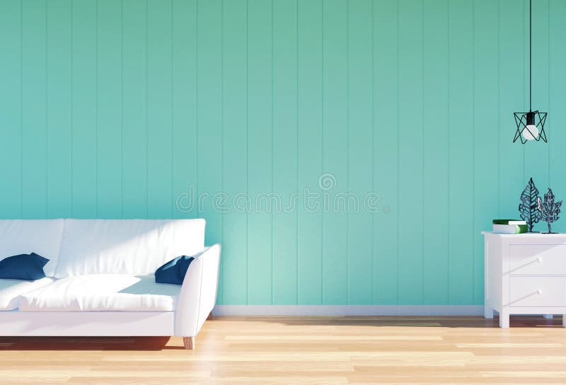 Living room interior - white leather sofa and green wall panel with space royalty free stock image