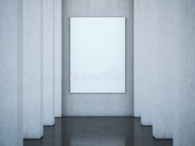 Long hall with columns and blank canvas on the wall. 3d rendering stock photo