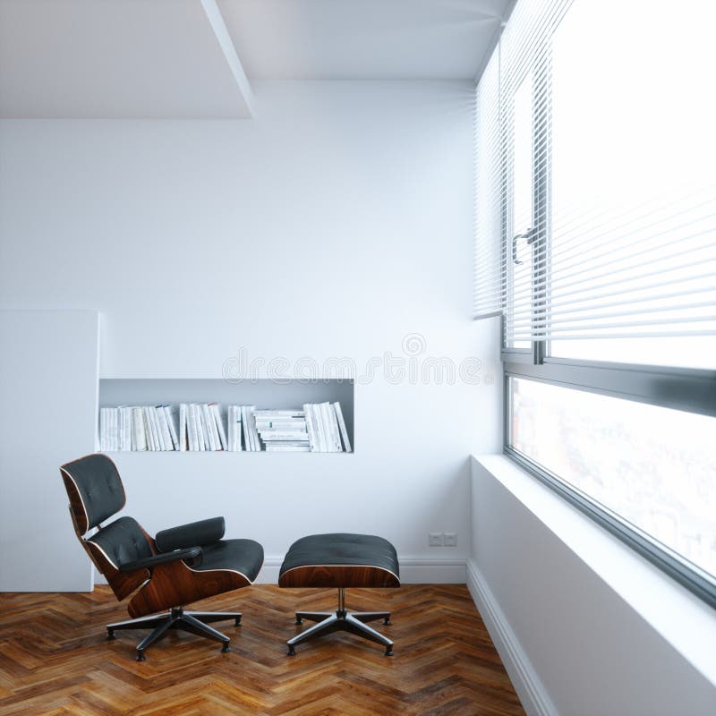 Lounge chair in new white interior minimalism design 3d render.  vector illustration
