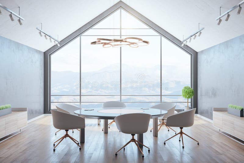 Luxury attic interior room with furniture. And window with landscape view. Design and style concept.  3D Rendering royalty free illustration