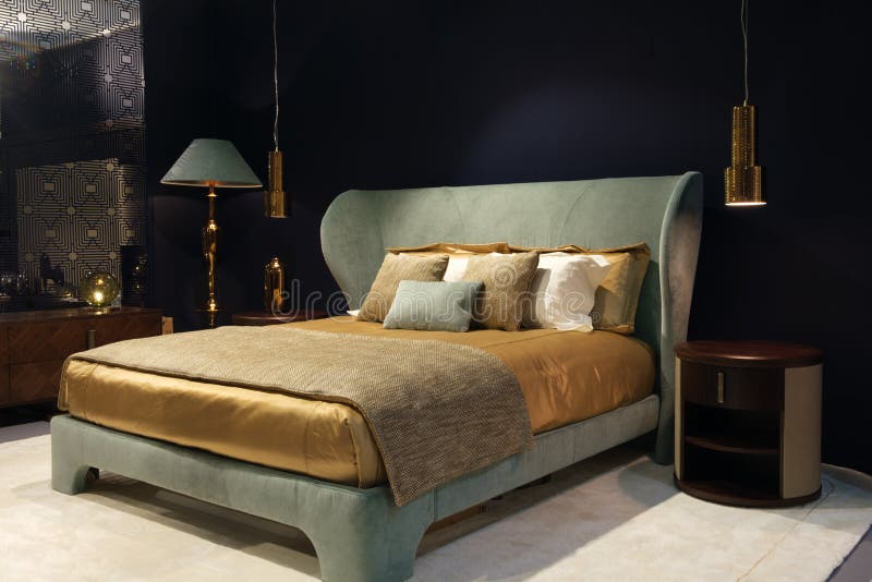 Luxury modern dark blue style bedroom, Interior of a hotel bedroom.  royalty free stock photos